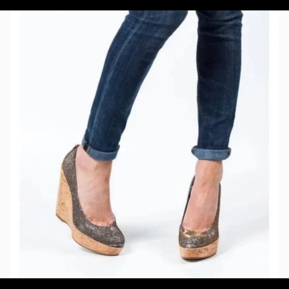 Stuart Weitzman Glitter Silver and Tan Corkswon Wedge Heel